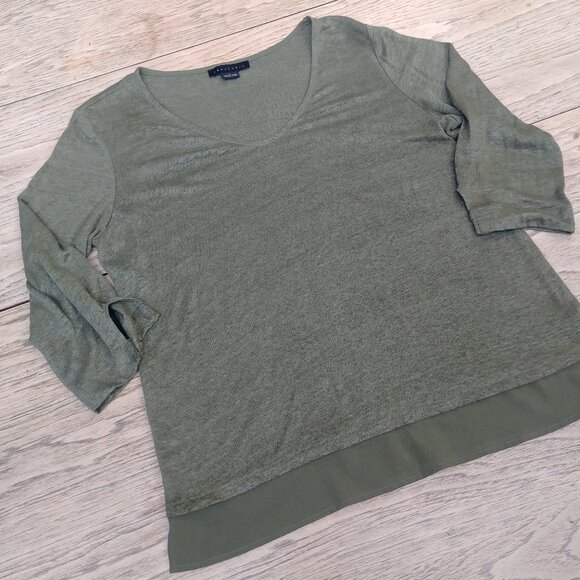Sanctuary green linen knit blouse top V neck with trim detail Large - Picture 1 of 10